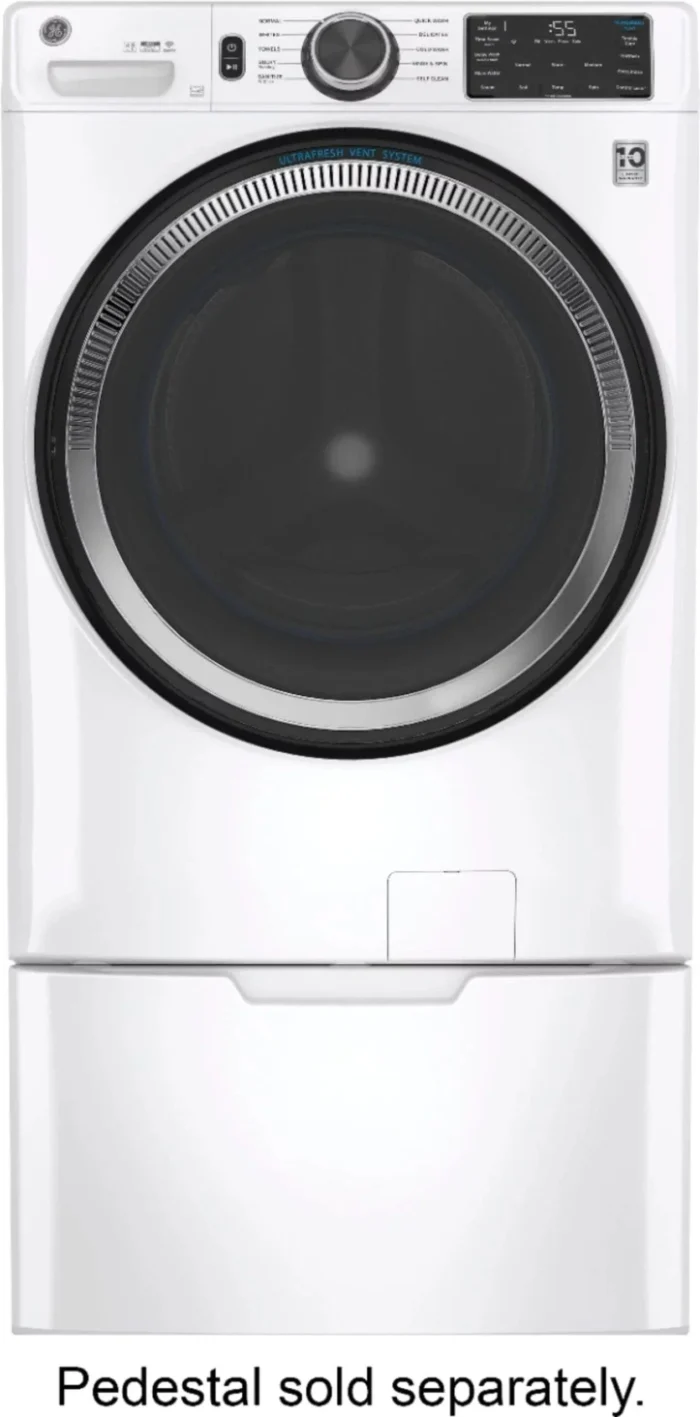 GE – 4.8 CuFt High-Efficiency Stackable Smart Front Load Washer w/UltraFresh Vent System & Microban Antimicrobial Technology – White on white - Image 1