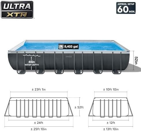 INTEX 26363EH Ultra XTR Deluxe Rectangular Above Ground Swimming Pool Set: 24ft x 12ft x 52in – Includes 2100 GPH Sand Filter Pump – Easy Assembly